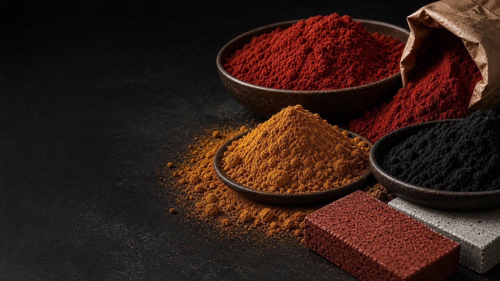 Iron oxide pigment powder samples in red and yellow shades
